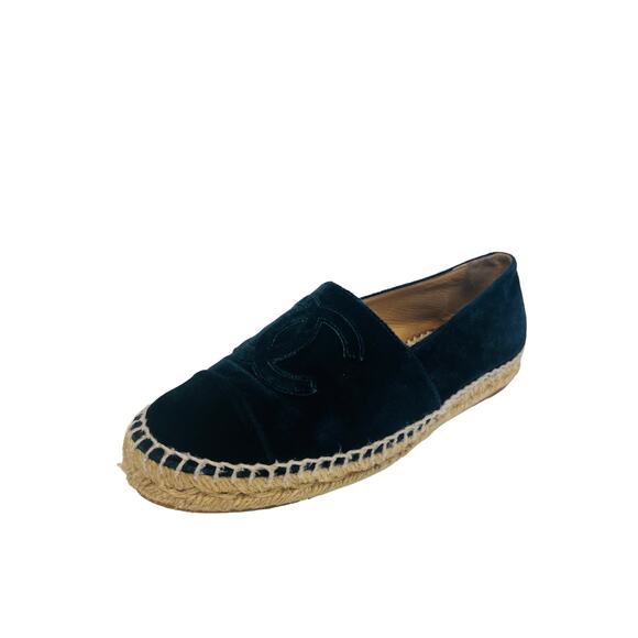 CHANEL Navy Blue Velvet CC Logo Cap Toe Espadrilles Monogram Flats Size 37 US 7 - Picture 6 of 9